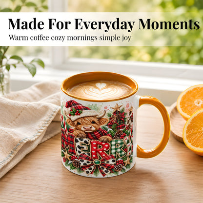 #pl[11oz|Orange] Watercolor Highland Cow Christmas Coffee Mug, Festive Mug, Ceramic Cup