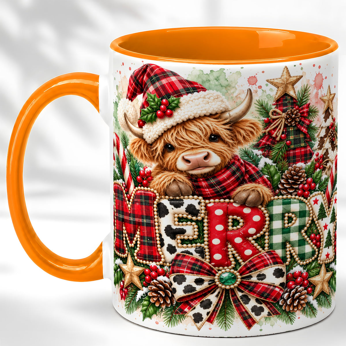 #pl[11oz|Orange] Watercolor Highland Cow Christmas Coffee Mug, Festive Mug, Ceramic Cup