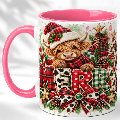 #pl[11oz|Pink] Watercolor Highland Cow Christmas Coffee Mug, Festive Mug, Ceramic Cup