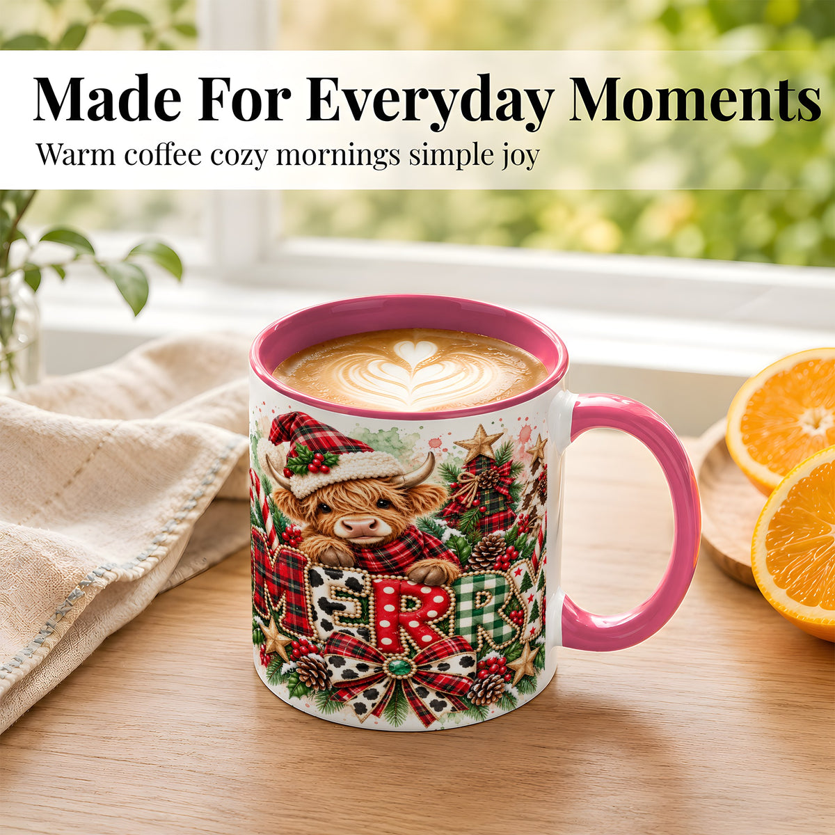 #pl[11oz|Pink] Watercolor Highland Cow Christmas Coffee Mug, Festive Mug, Ceramic Cup