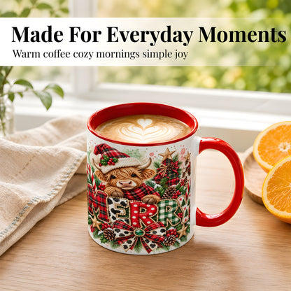 #pl[11oz|Red] Watercolor Highland Cow Christmas Coffee Mug, Festive Mug, Ceramic Cup