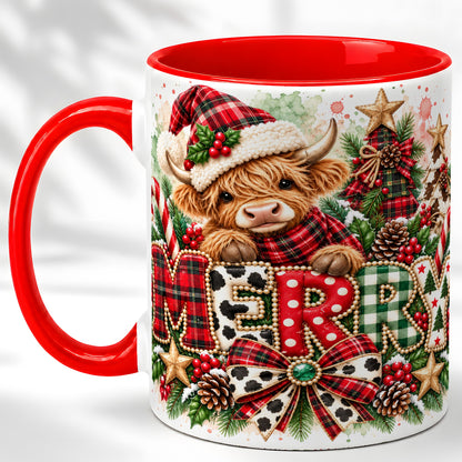 Watercolor Highland Cow Christmas Coffee Mug, Festive Mug, Ceramic Cup