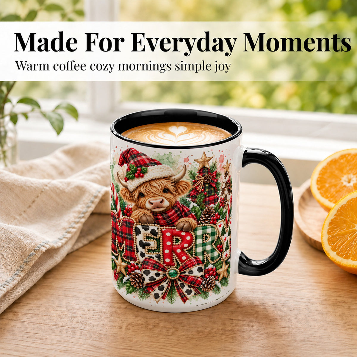 #pl[15oz|Black] Watercolor Highland Cow Christmas Coffee Mug, Festive Mug, Ceramic Cup