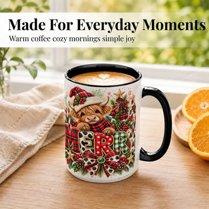 #pl[15oz|Black] Watercolor Highland Cow Christmas Coffee Mug, Festive Mug, Ceramic Cup