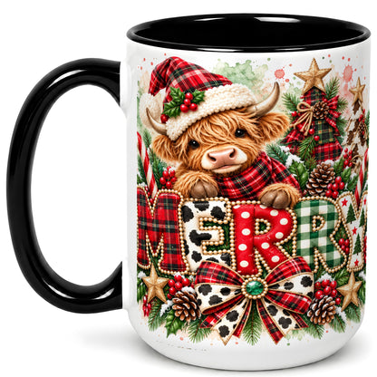 #pl[15oz|Black] Watercolor Highland Cow Christmas Coffee Mug, Festive Mug, Ceramic Cup