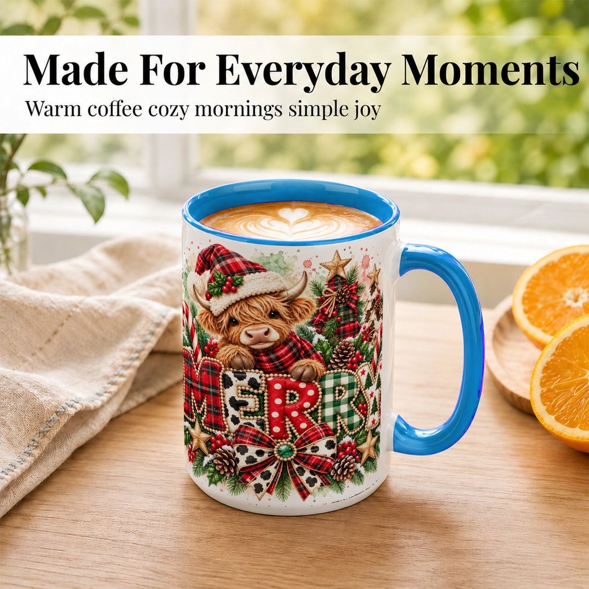 #pl[15oz|Blue] Watercolor Highland Cow Christmas Coffee Mug, Festive Mug, Ceramic Cup