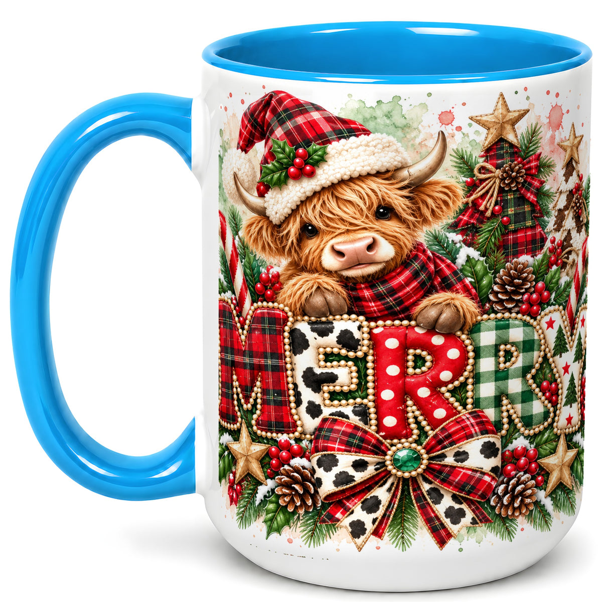 #pl[15oz|Blue] Watercolor Highland Cow Christmas Coffee Mug, Festive Mug, Ceramic Cup