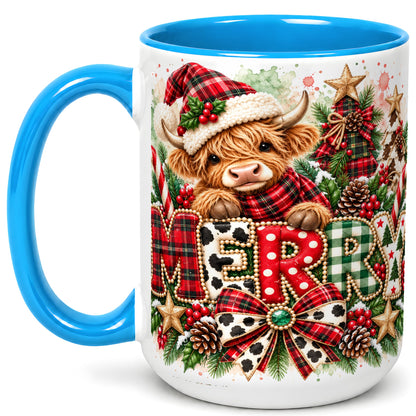 #pl[15oz|Blue] Watercolor Highland Cow Christmas Coffee Mug, Festive Mug, Ceramic Cup