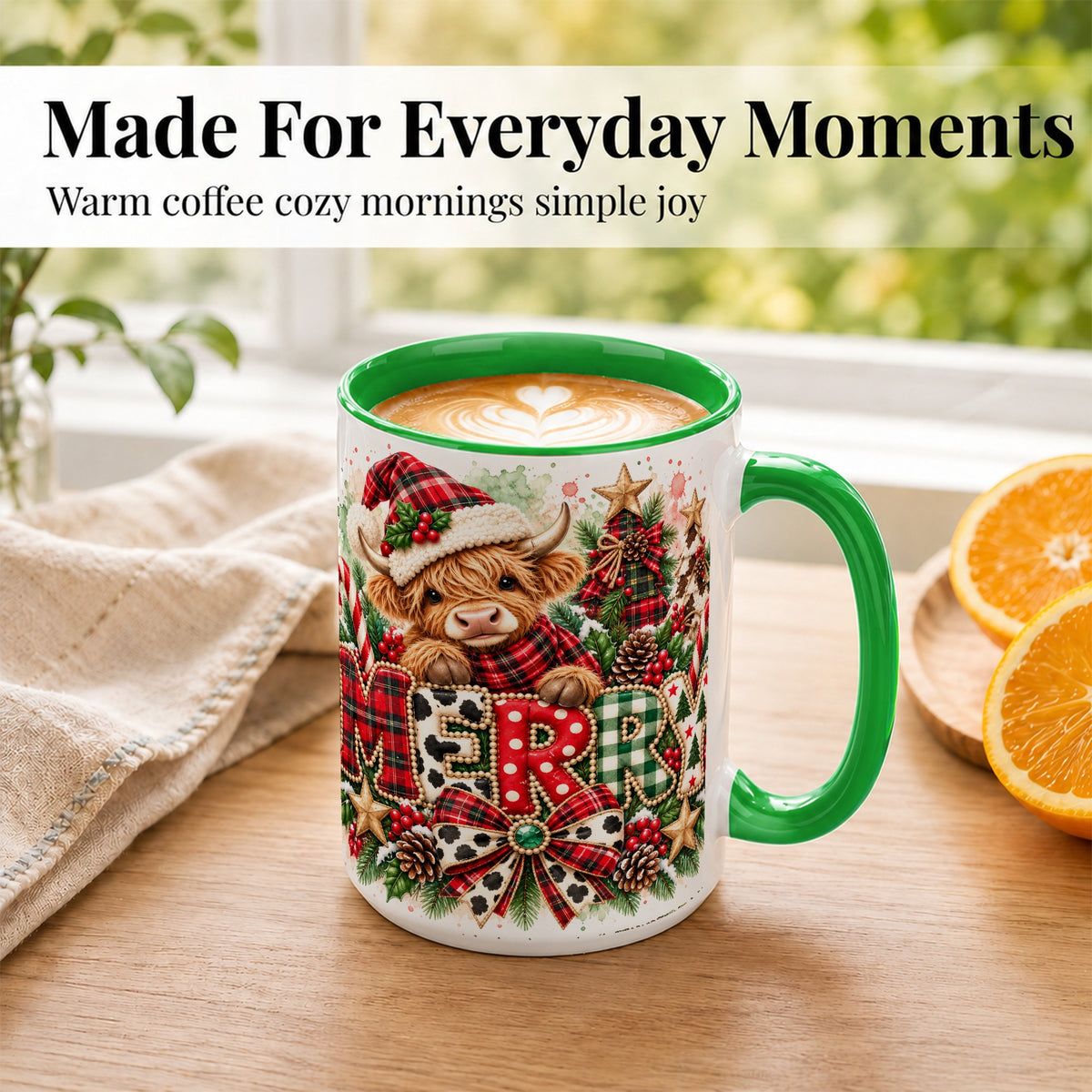 #pl[15oz|Green] Watercolor Highland Cow Christmas Coffee Mug, Festive Mug, Ceramic Cup