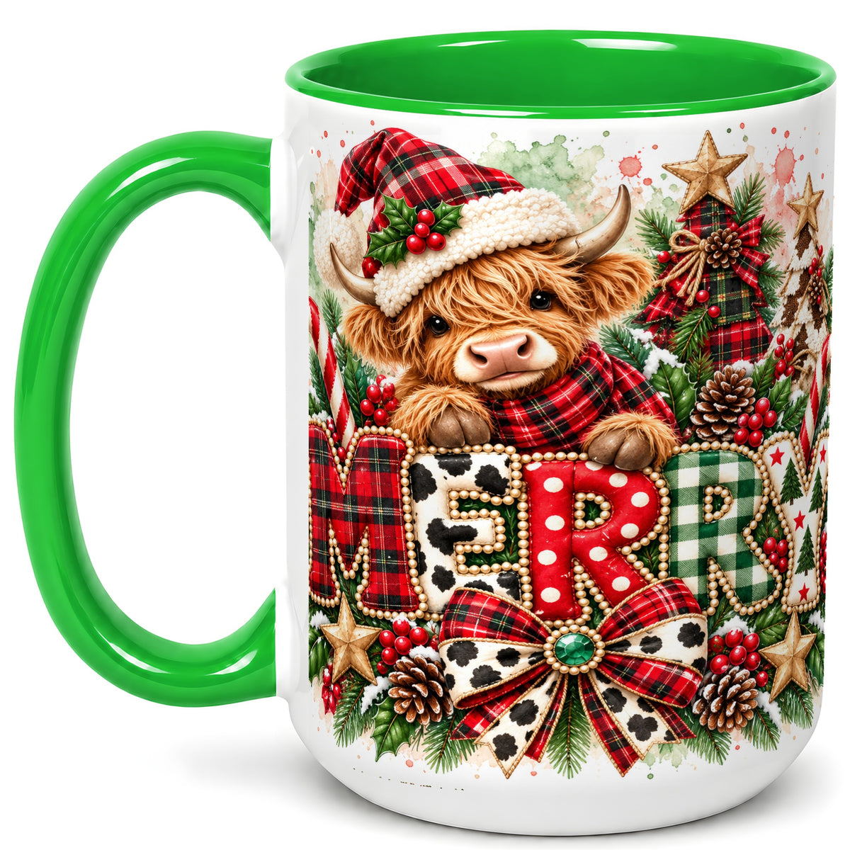 #pl[15oz|Green] Watercolor Highland Cow Christmas Coffee Mug, Festive Mug, Ceramic Cup