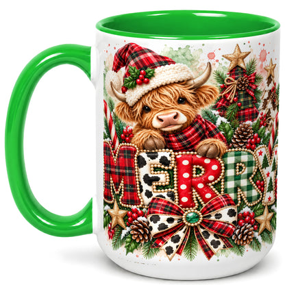 #pl[15oz|Green] Watercolor Highland Cow Christmas Coffee Mug, Festive Mug, Ceramic Cup