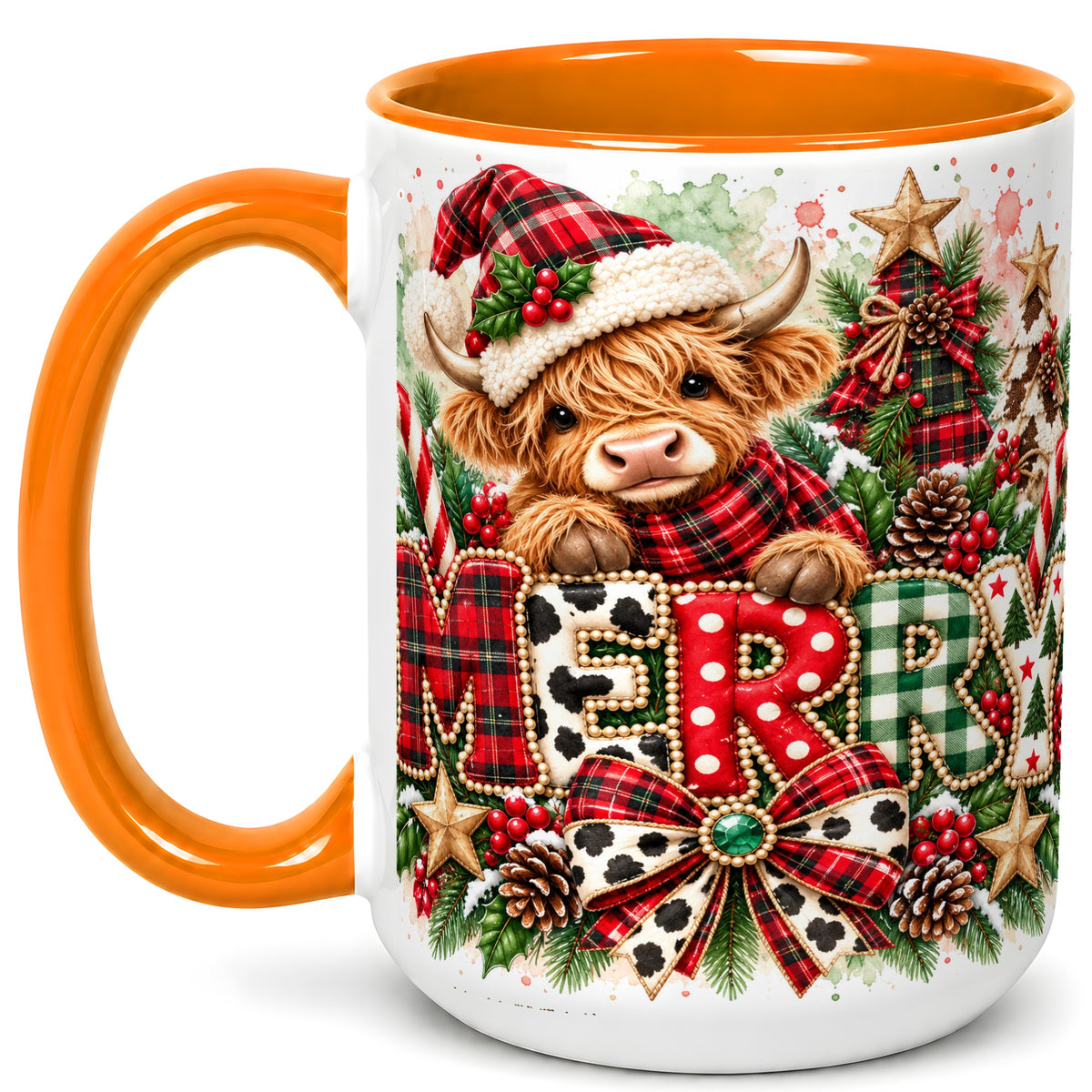 #pl[15oz|Orange] Watercolor Highland Cow Christmas Coffee Mug, Festive Mug, Ceramic Cup