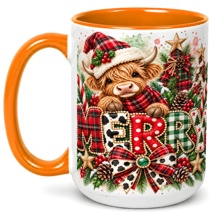 #pl[15oz|Orange] Watercolor Highland Cow Christmas Coffee Mug, Festive Mug, Ceramic Cup