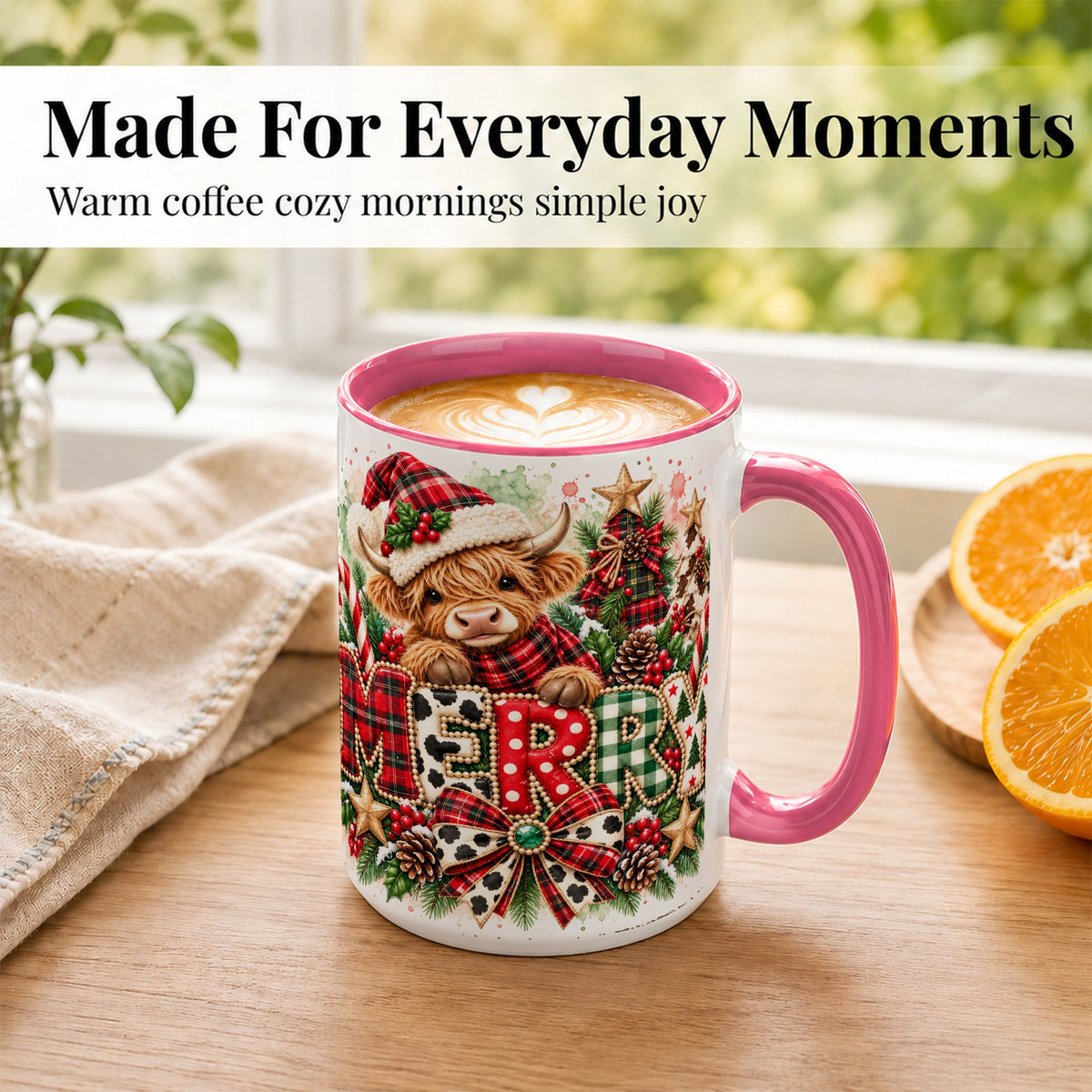 #pl[15oz|Pink] Watercolor Highland Cow Christmas Coffee Mug, Festive Mug, Ceramic Cup