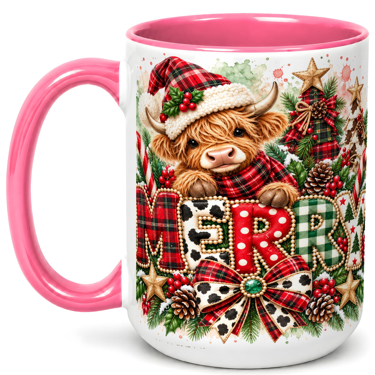 #pl[15oz|Pink] Watercolor Highland Cow Christmas Coffee Mug, Festive Mug, Ceramic Cup