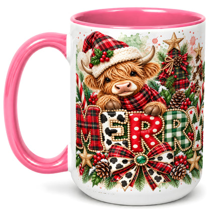 #pl[15oz|Pink] Watercolor Highland Cow Christmas Coffee Mug, Festive Mug, Ceramic Cup