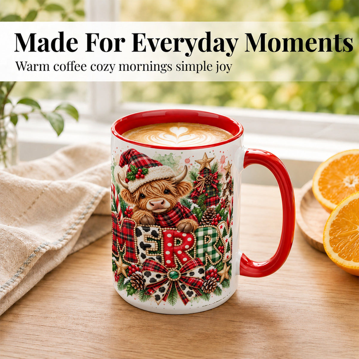 #pl[15oz|Red] Watercolor Highland Cow Christmas Coffee Mug, Festive Mug, Ceramic Cup