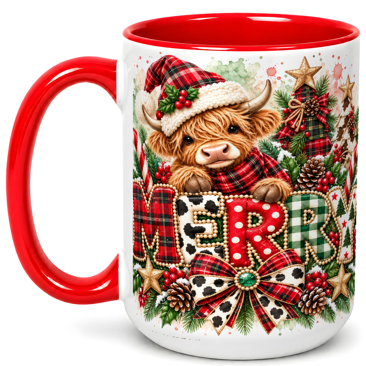 #pl[15oz|Red] Watercolor Highland Cow Christmas Coffee Mug, Festive Mug, Ceramic Cup