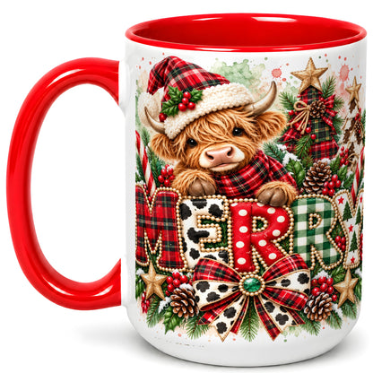 #pl[15oz|Red] Watercolor Highland Cow Christmas Coffee Mug, Festive Mug, Ceramic Cup