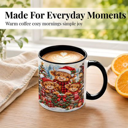 #pl[11oz|Black] Highland Cow Family Christmas Coffee Mug, Winter Cow Mug, Ceramic Cup