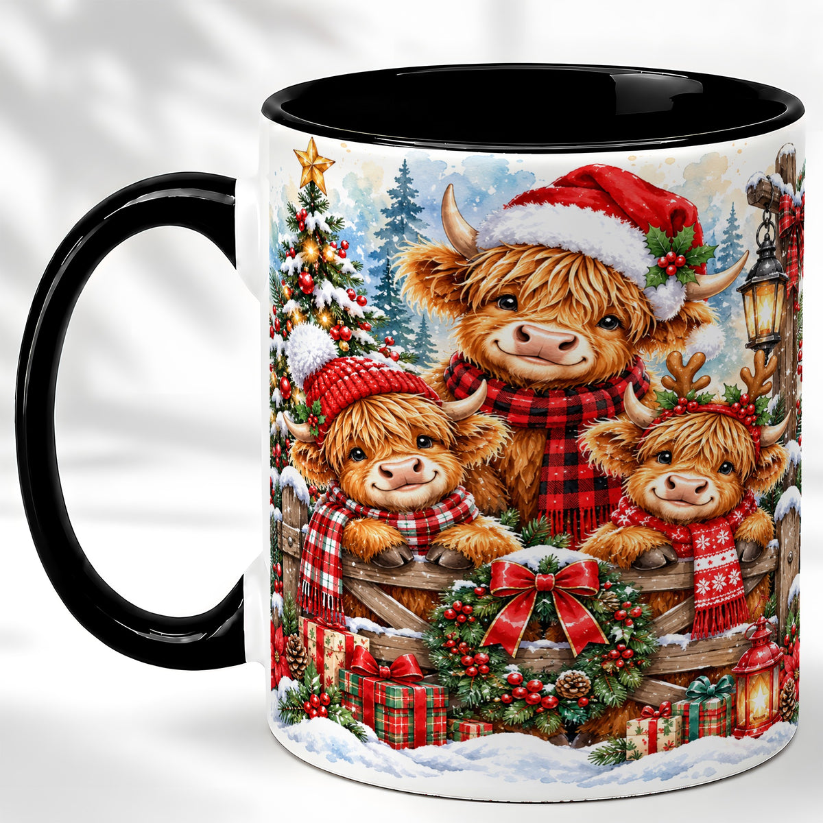 #pl[11oz|Black] Highland Cow Family Christmas Coffee Mug, Winter Cow Mug, Ceramic Cup