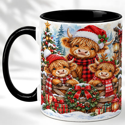 #pl[11oz|Black] Highland Cow Family Christmas Coffee Mug, Winter Cow Mug, Ceramic Cup