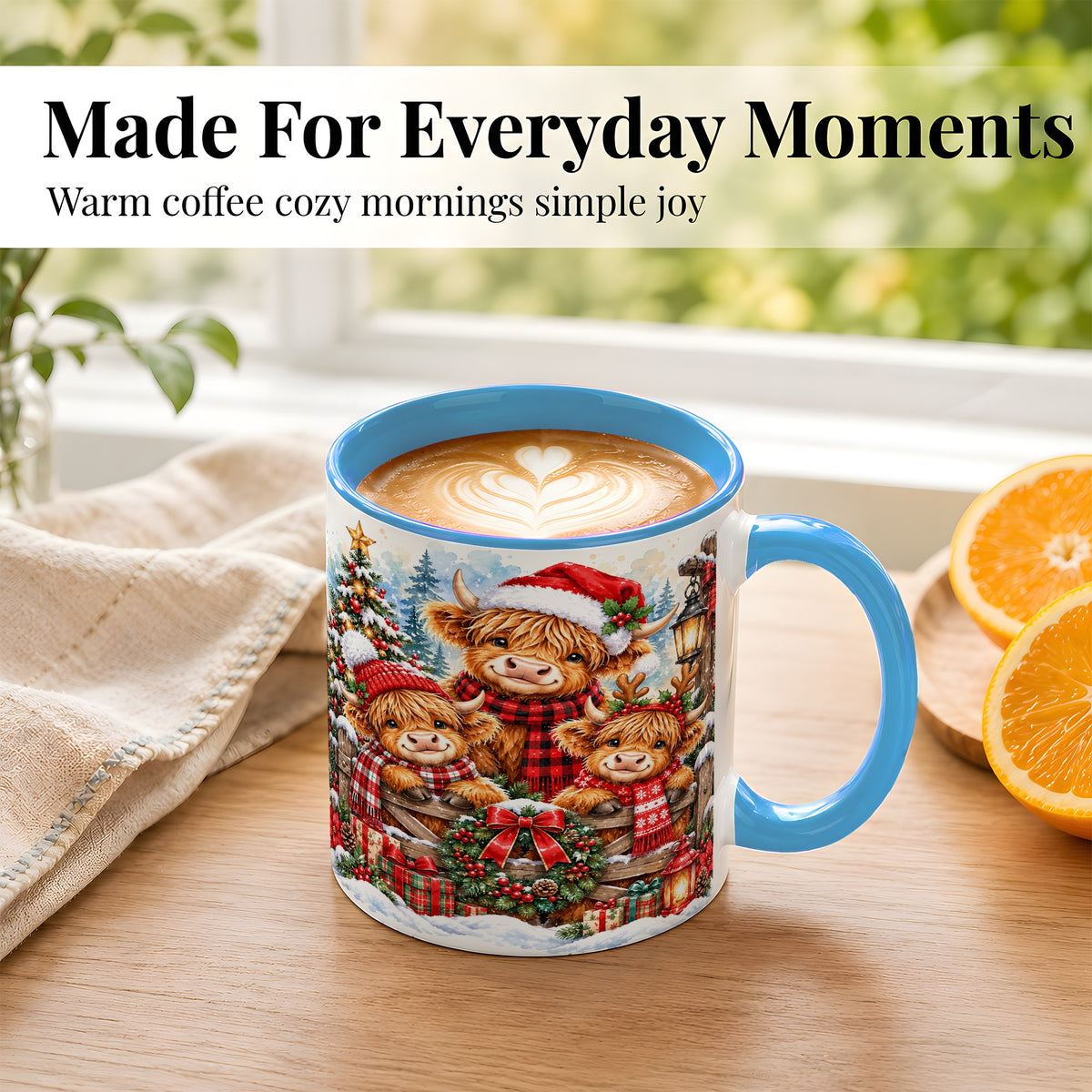 #pl[11oz|Blue] Highland Cow Family Christmas Coffee Mug, Winter Cow Mug, Ceramic Cup