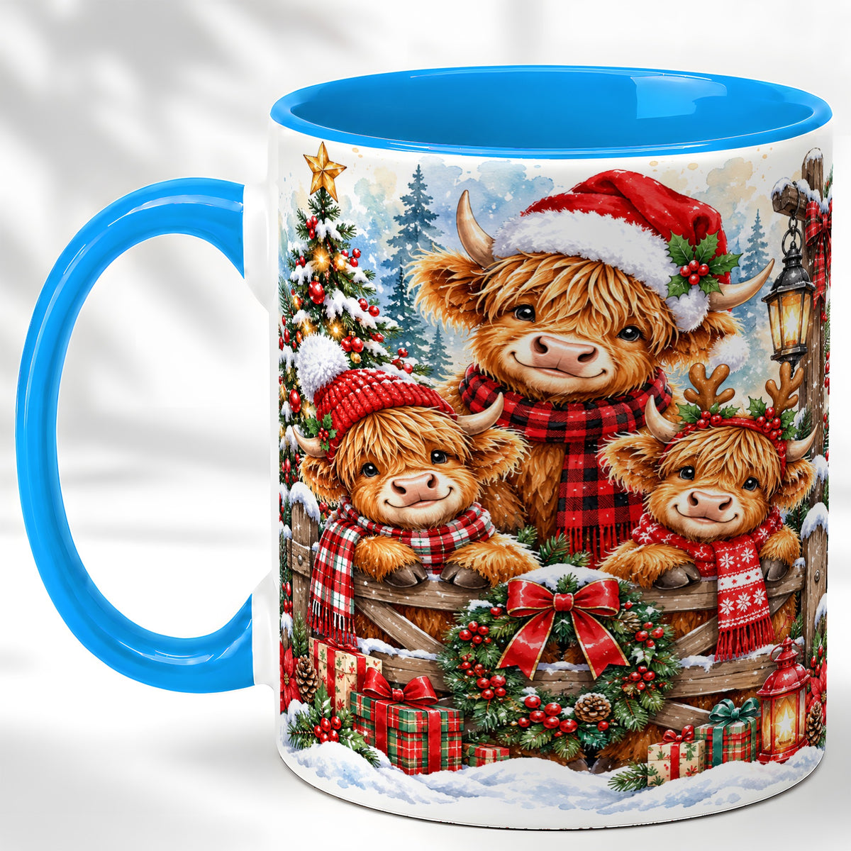 #pl[11oz|Blue] Highland Cow Family Christmas Coffee Mug, Winter Cow Mug, Ceramic Cup