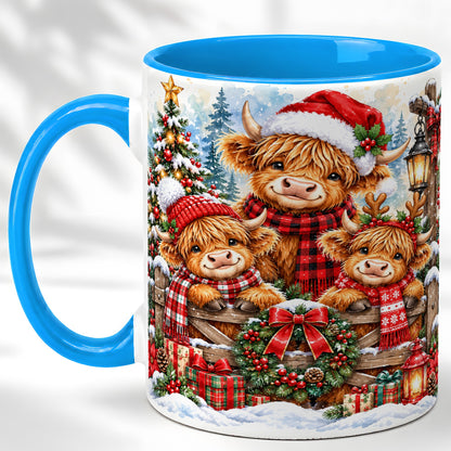 #pl[11oz|Blue] Highland Cow Family Christmas Coffee Mug, Winter Cow Mug, Ceramic Cup