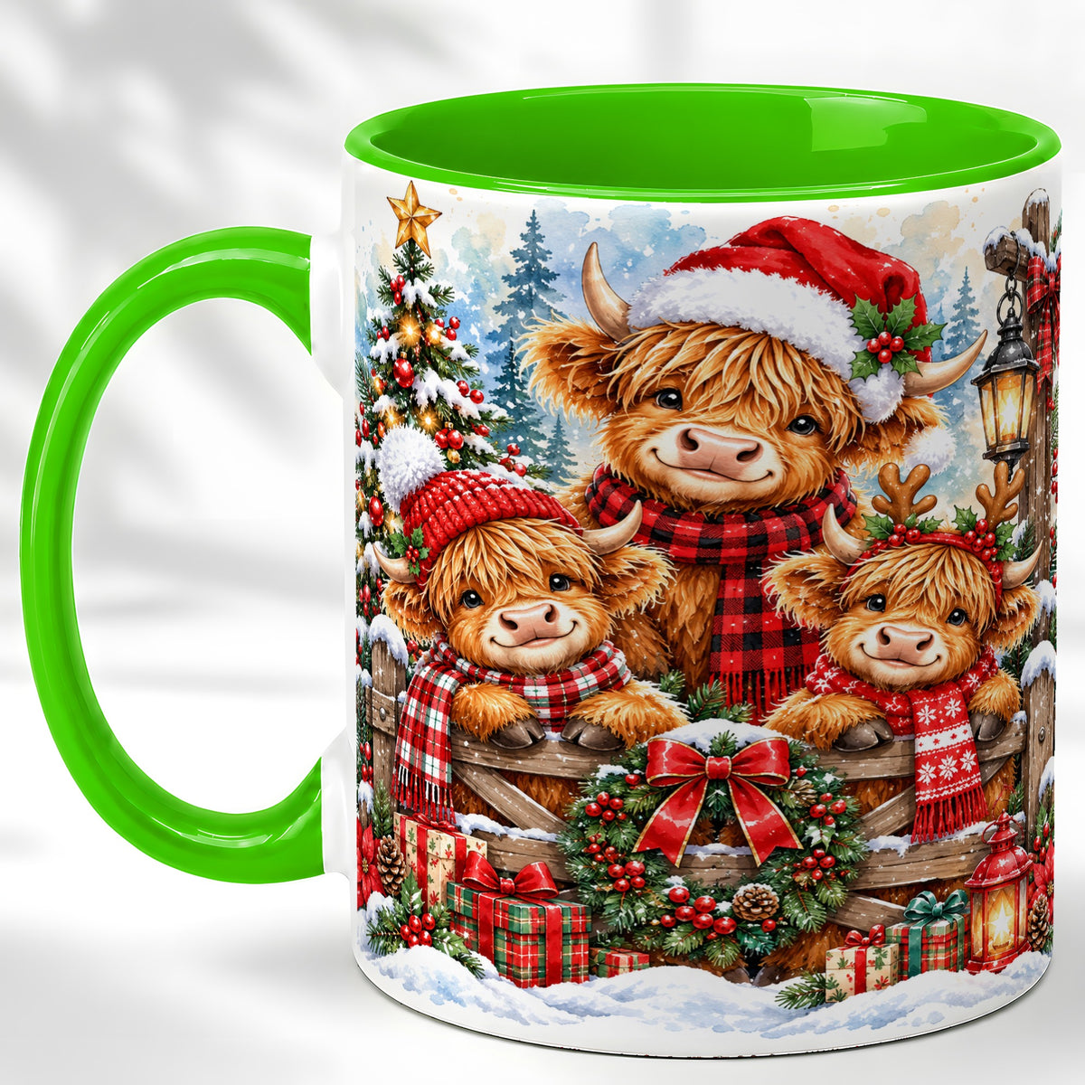 #pl[11oz|Green] Highland Cow Family Christmas Coffee Mug, Winter Cow Mug, Ceramic Cup