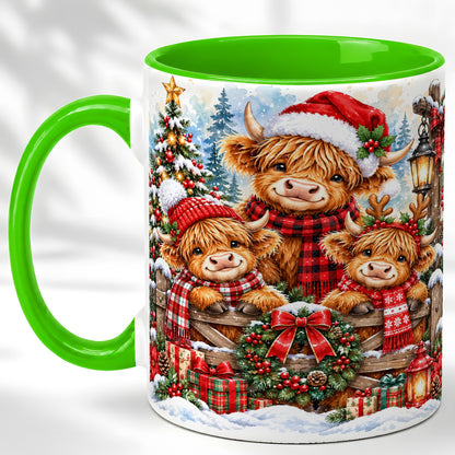 #pl[11oz|Green] Highland Cow Family Christmas Coffee Mug, Winter Cow Mug, Ceramic Cup