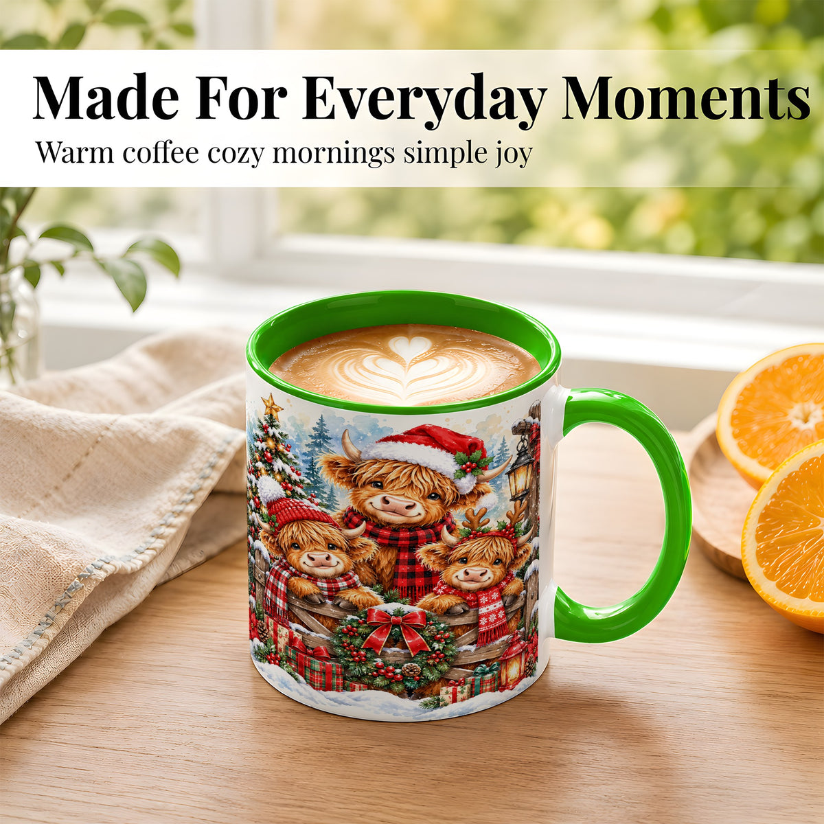 #pl[11oz|Green] Highland Cow Family Christmas Coffee Mug, Winter Cow Mug, Ceramic Cup