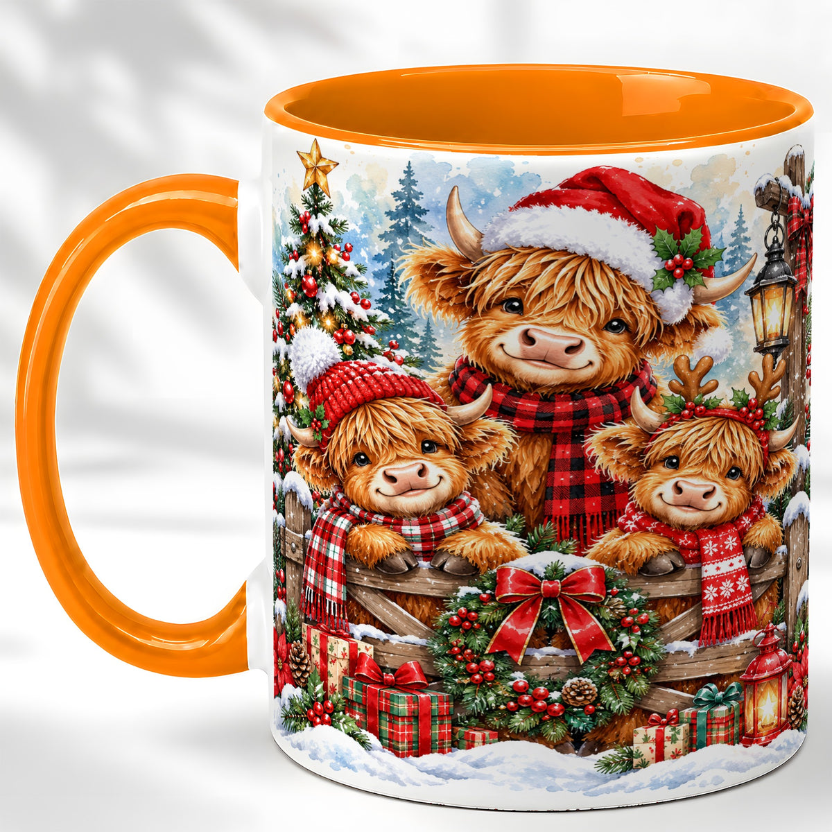 #pl[11oz|Orange] Highland Cow Family Christmas Coffee Mug, Winter Cow Mug, Ceramic Cup