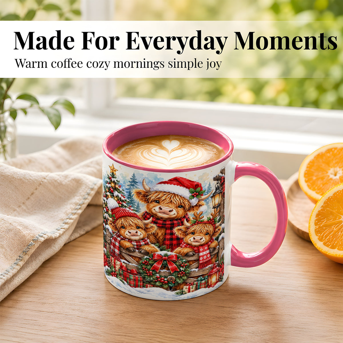 #pl[11oz|Pink] Highland Cow Family Christmas Coffee Mug, Winter Cow Mug, Ceramic Cup