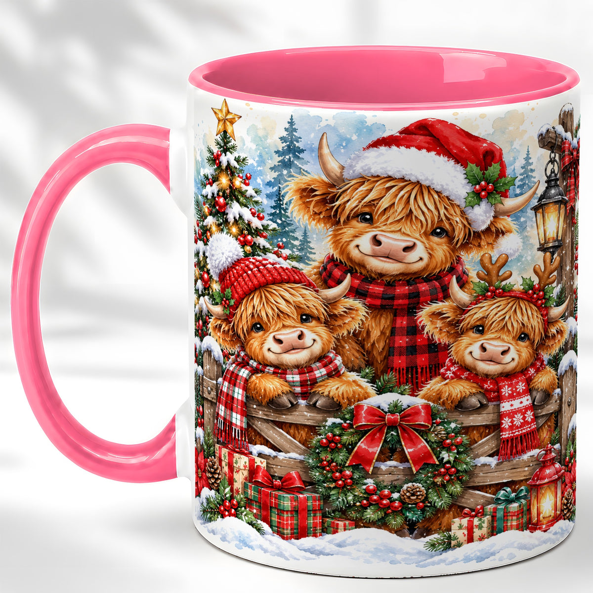 #pl[11oz|Pink] Highland Cow Family Christmas Coffee Mug, Winter Cow Mug, Ceramic Cup
