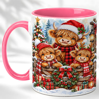 #pl[11oz|Pink] Highland Cow Family Christmas Coffee Mug, Winter Cow Mug, Ceramic Cup