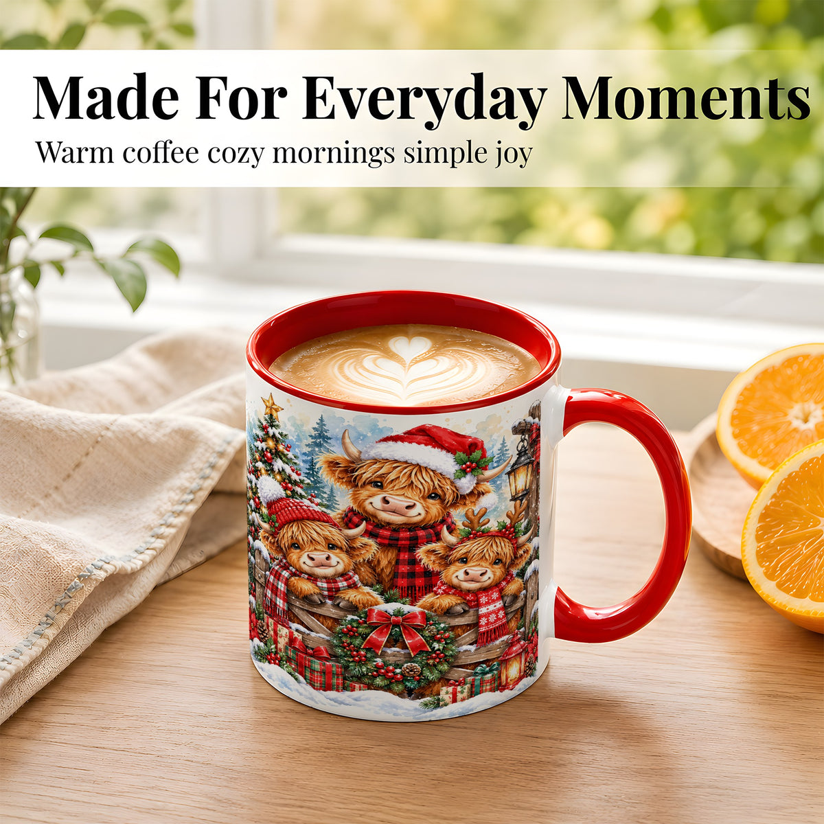 #pl[11oz|Red] Highland Cow Family Christmas Coffee Mug, Winter Cow Mug, Ceramic Cup