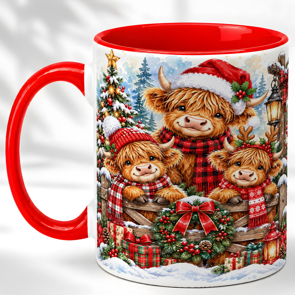 Highland Cow Family Christmas Coffee Mug, Winter Cow Mug, Ceramic Cup