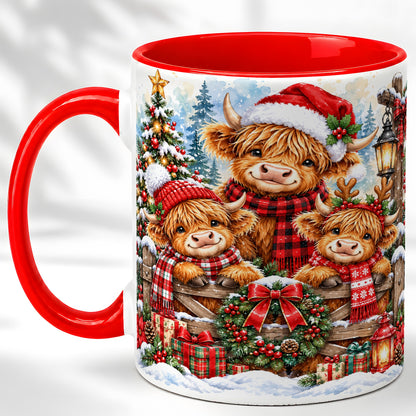 Highland Cow Family Christmas Coffee Mug, Winter Cow Mug, Ceramic Cup