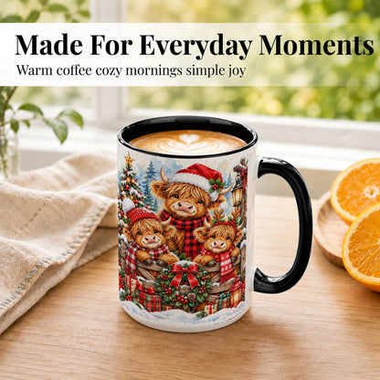 #pl[15oz|Black] Highland Cow Family Christmas Coffee Mug, Winter Cow Mug, Ceramic Cup