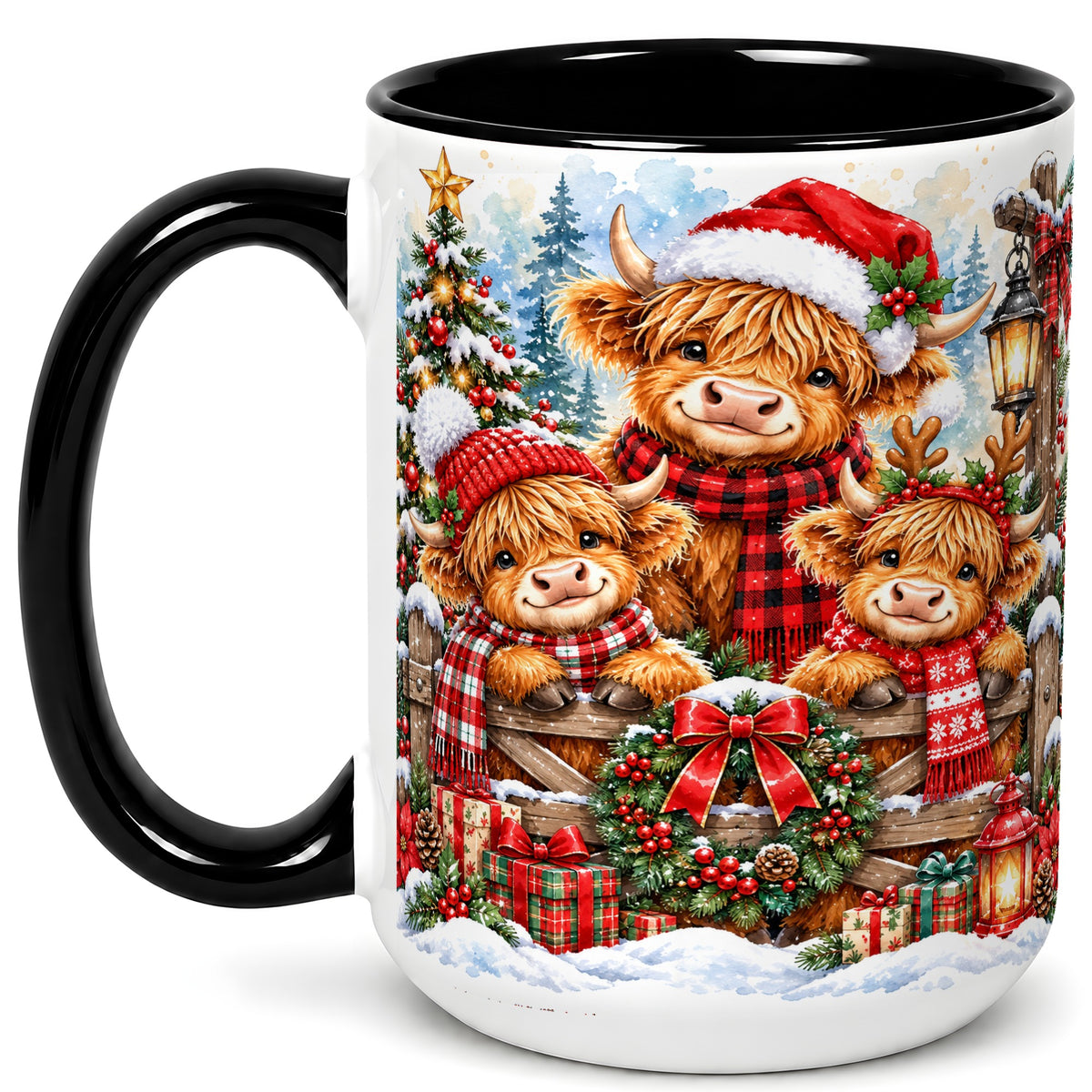 #pl[15oz|Black] Highland Cow Family Christmas Coffee Mug, Winter Cow Mug, Ceramic Cup