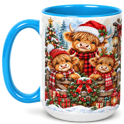 #pl[15oz|Blue] Highland Cow Family Christmas Coffee Mug, Winter Cow Mug, Ceramic Cup