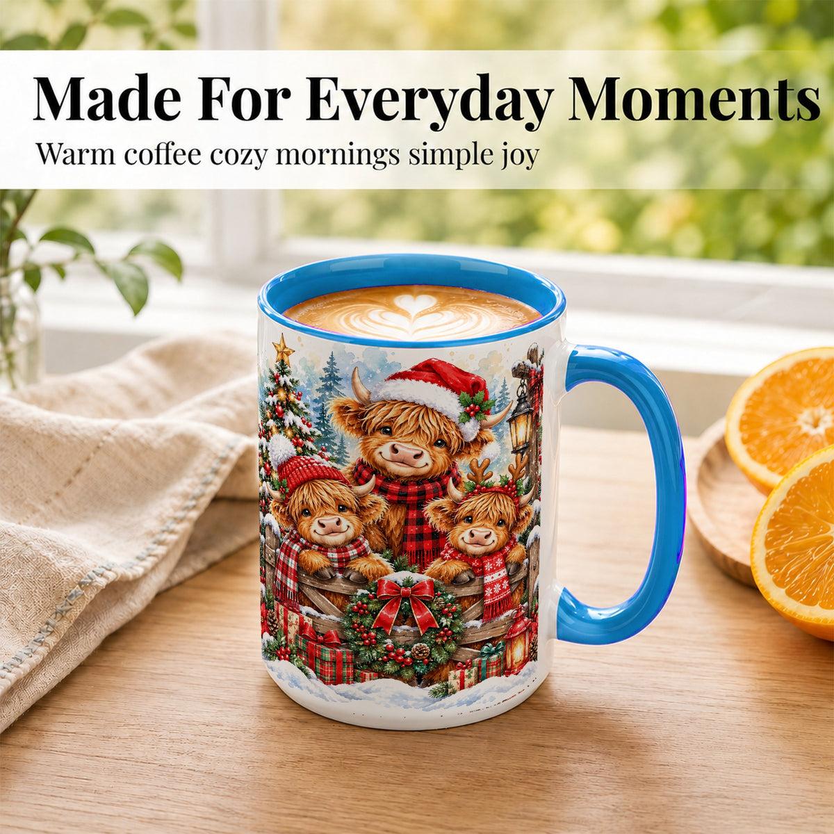 #pl[15oz|Blue] Highland Cow Family Christmas Coffee Mug, Winter Cow Mug, Ceramic Cup