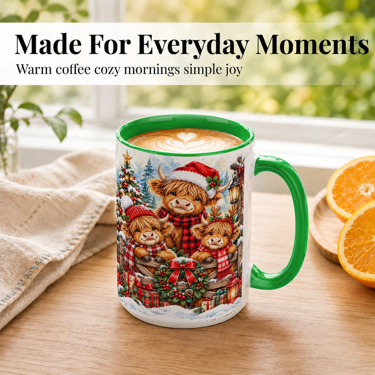 #pl[15oz|Green] Highland Cow Family Christmas Coffee Mug, Winter Cow Mug, Ceramic Cup
