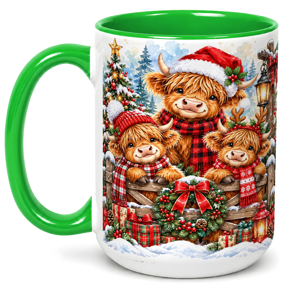 #pl[15oz|Green] Highland Cow Family Christmas Coffee Mug, Winter Cow Mug, Ceramic Cup
