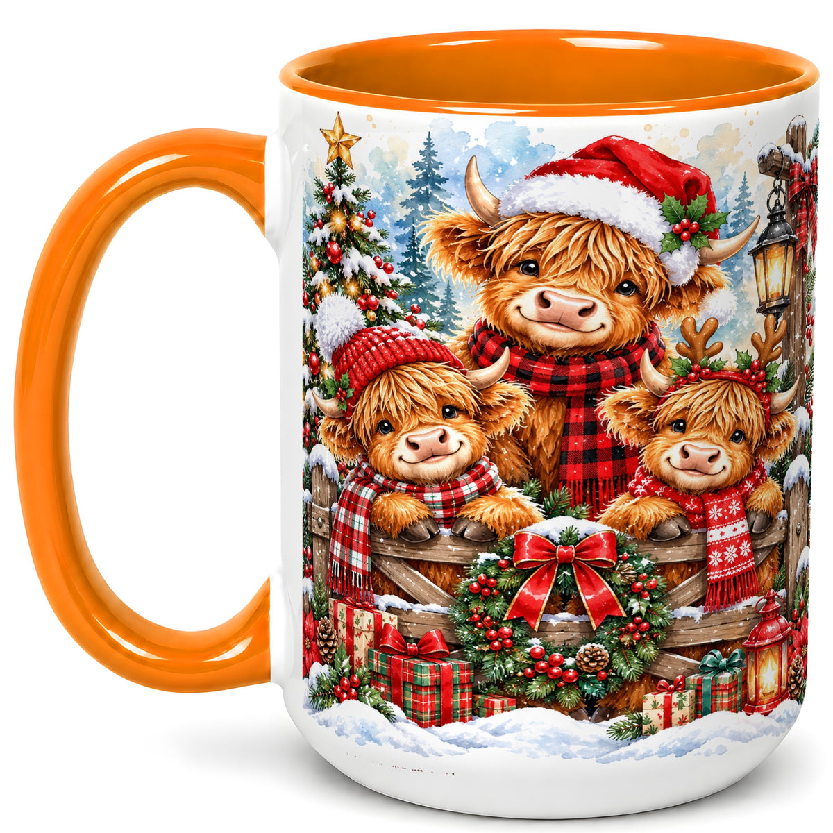 #pl[15oz|Orange] Highland Cow Family Christmas Coffee Mug, Winter Cow Mug, Ceramic Cup