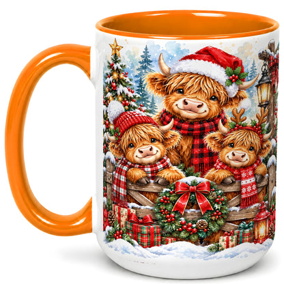 #pl[15oz|Orange] Highland Cow Family Christmas Coffee Mug, Winter Cow Mug, Ceramic Cup