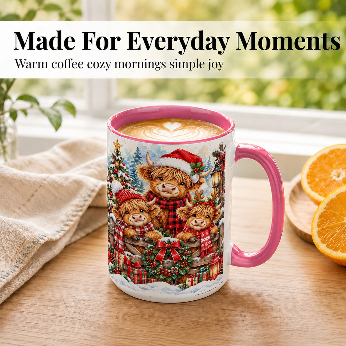 #pl[15oz|Pink] Highland Cow Family Christmas Coffee Mug, Winter Cow Mug, Ceramic Cup