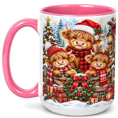 #pl[15oz|Pink] Highland Cow Family Christmas Coffee Mug, Winter Cow Mug, Ceramic Cup