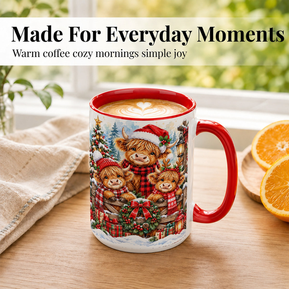 #pl[15oz|Red] Highland Cow Family Christmas Coffee Mug, Winter Cow Mug, Ceramic Cup